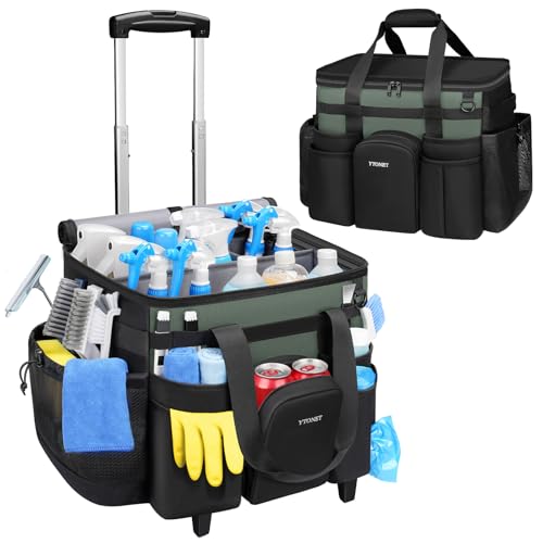 Ytonet XXL Cleaning Caddy with Wheels, Large Rolling Cleaning Caddy Bag with Detachable Trolley for Housekeepers, Water Resistant Cleaner Supplies Organizer with Wheels for Kitchen, Tool Organizer - color: Black Green, size: XX-Large