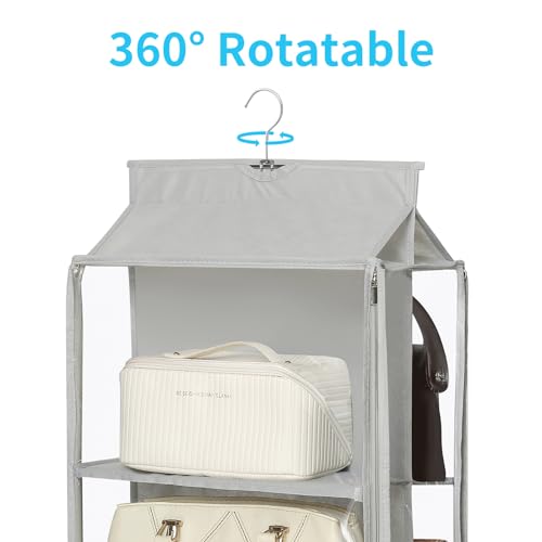 8 Grids in 1 Rotatable Hanging Purse Handbag Organizer with Double Zippers, Visible Purse Organizer for Closet, Fully Enclosed Handbag Storage Holder - color: Grey, size: Rotatable