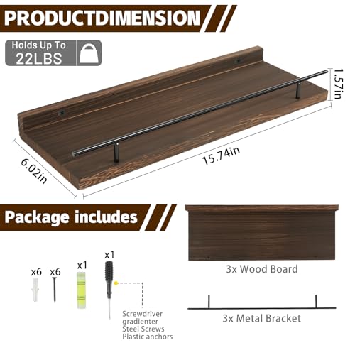 Floating Shelves Set of 3, 15.74 inches Rustic Wood Wall Shelves for Bathroom，Bedroom, Living Room, Kitchen & Book, Hanging Display Decor Organization Shelf with 22 lbs Capacity