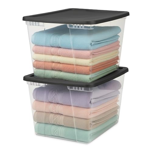 HOMZ 2-Pack Snaplock, Large Clear Plastic Storage Organizer Bins w/Lids, 56 Quart, Gray - Stackable Container Boxes for Bedroom, Bathroom, Garage, and Office Organization - color: Gray Lid, size: 56 QT (2 Pack)