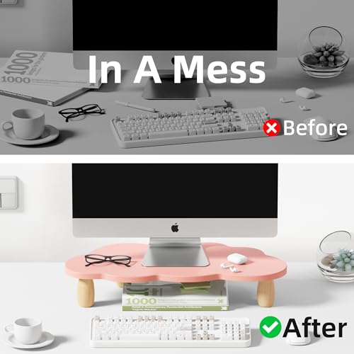 AFOOYO Monitor Stand Riser,Cloud Shape Wood Computer Monitor Stand, 16.5IN Monitor Stand Riser, Multi-Purpose Desktop Organizer Riser for Computer,Laptop,Printer,TV,Pink - color: Pink, size: Cloud