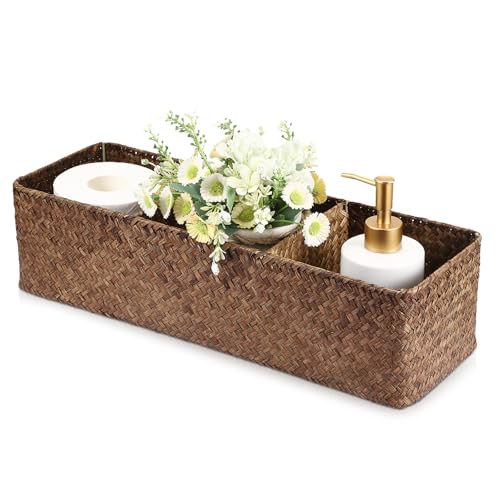Seagrass Shelf Basket with Dividers, Rectangular Woven Storage Baskets for Organizing, Decorative Wicker Narrow Basket Tray with 3 Sections for Shelves, Toilet Tank, Bathroom Counter - color: Coffee