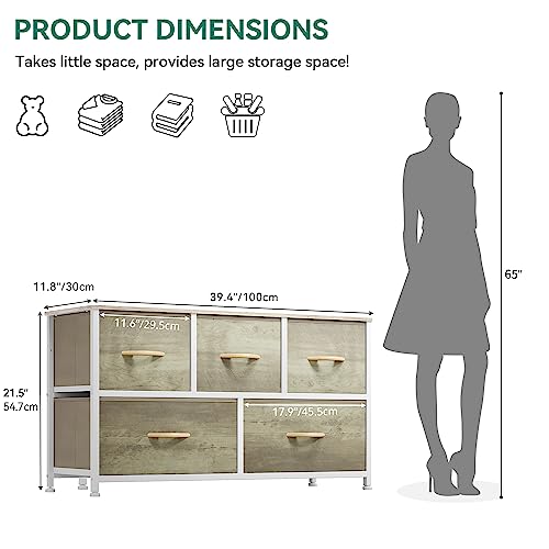 YITAHOME Wide Chest of Drawers, Dresser with 5 Drawers, Oak Greige Fabric Storage Tower, Dresser for Bedroom with 5 Drawers, Living Room, Closets - Sturdy Steel Frame, Wooden Top - color: Oak, style: 5-Drawer