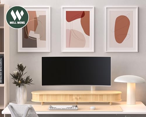 Bamboo Dual Monitor Stand with Storage, Curved Double Computer Laptop Stand Desk Shelf Organizer with Sliding Doors (42 inch) - size: 42 inch