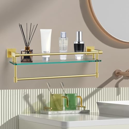 Bathroom Glass Shelf with Towel Rack Organizer Wall-Mounted Bathroom Storage SUS304 Stainless Steel Track Wall-Mounted Tempered Glass Stainless Steel Shelf (Brushed Gold, 20-inch) - color: Brushed Gold, size: 20-inch with Railing