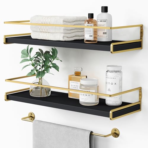 Forbena Black and Gold Bathroom Floating Shelves for Wall, Decorative Wall Mounted Shelves for Kitchen Coffee Bar Station Organizers and Storage, Hanging Shelving Unit for Bedroom Living Room (2-Pack) - color: 7. Black-gold