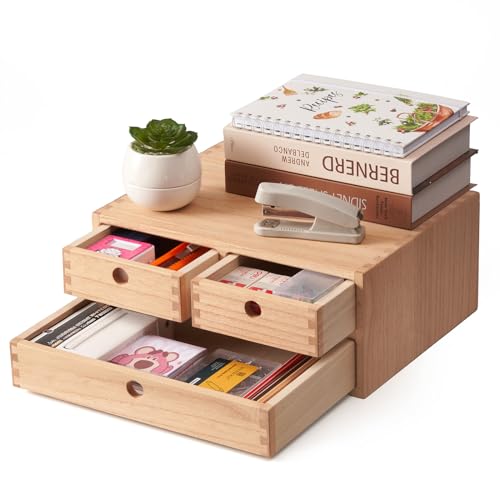 Kirigen Natural Wooden Desktop Organizer - Office Supplies Filing Tidy Storage Shelf - Storage Cabinet/Jewelry Organizer with 3 Drawers (NA, 2-Layer &3 Drawers) - color: Natural, size: 2-layer &3 drawers