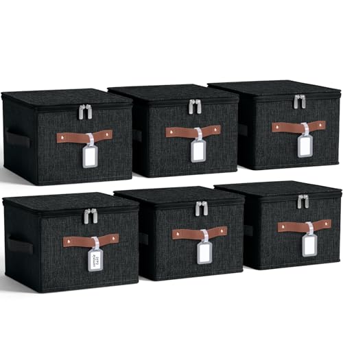6 Pack Fabric Closet Storage Bins with Zipper Lids and Label, 10×8×7In Large Size Foldable Cotton Linen Storage Cubes Boxes with PU Leather Handles Holders for Bedroom, Shelf, Nursery, Black - color: Black, size: 10×8×7in