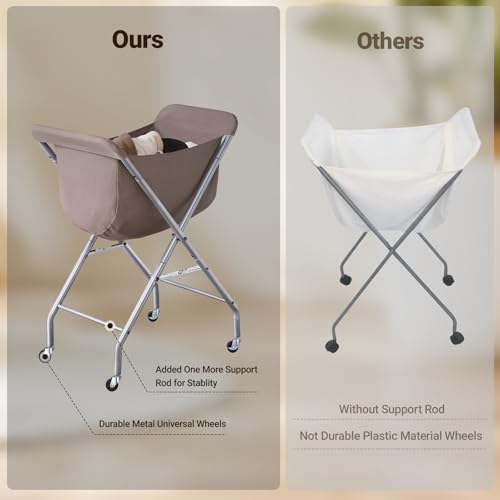 ELYKEN Laundry Cart with Wheels, 32”H Easy Rolling Laundry Hamper with Removable Liner Bag, Sturdy Metal Frame Clothes Basket with 4 Casters and 2 Brakes - color: Camel Brown, size: 23.2"L x 13"W x 32"H