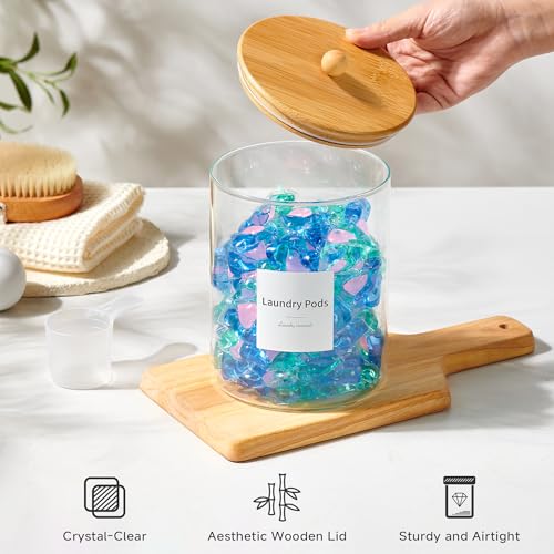Glass Laundry Pods Container & Acrylic Dryer Sheet Holder with Bamboo Knobs Lids, Scoops & Labels | Premium Laundry Room Organization and Storage for Detergent Pods, Powder, Dryer Balls & Beads - color: Bamboo Cap with handle