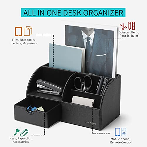 Vlando Office Desk Organizer Leather Desktop Organizer Caddy with Drawer for Storing Desktop Supplies and Accessories (Black) - color: A.Black