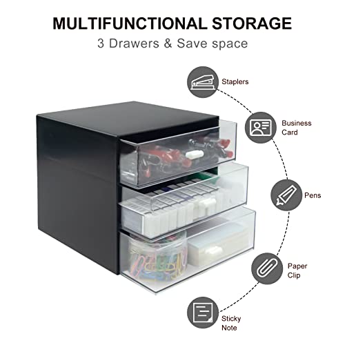 Desk Organizer with Drawer, Desk Storage Box, Plastic Office Stationery Supplies Organizers, Desktop Organizer for Office School Home (3 drawer, Black) - color: Black, style: 3 drawer