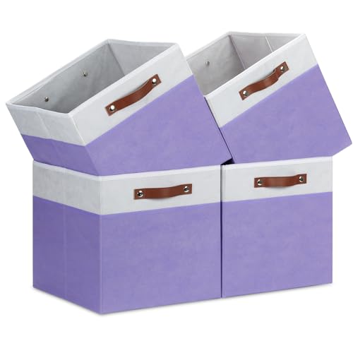 Temary Foldable Cube Baskets 4Pack - Clothes Shelf Storage with Handles, Fabric Storage Organizer Bins (White&Purple, 13x15x13 Inch) - color: White&Purple, size: 13x15x13