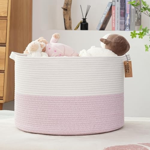COMFY-HOMI New Extra Large Blanket Storage Basket 21''x21''x13.6''|Toy Organizers and Storage|Cotton Rope Woven Round Basket for Blanket|Baby Basket for Newborn-White/Pink - color: light pink