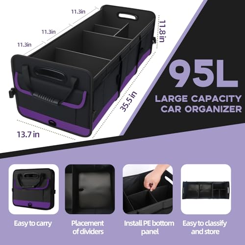 Trunk Organizer for Car, Sturdy Storage Organization with Non-Slip Bottom Strips, 95L Large Capacity Cargo Organizer for Suv, Truck, Sedan, Waterproof Portable Car Organizers for Women Men(Purple) - color: Purple