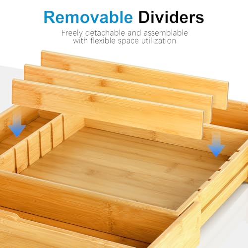 Bamboo Expandable Silverware Organizer - Adjustable Cutlery Tray with 3 Removable Dividers & 5 Tracks, Drawer Organizer for Utensils, Stationery, Tools (12.6" to 20.5")