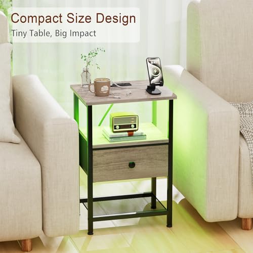LOAKEKEL Nightstand with Charging Station, End Table with Fabric Drawer, LED Night Stand for Bedroom, Small Bed Side Table with USB Ports and Outlets, Grey, HETS01GY-1 - color: Grey, style: One-drawer