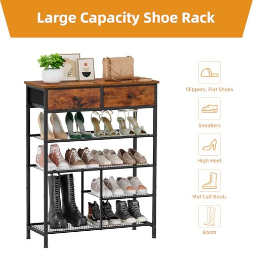 Snughome Shoe Rack, 5 Tier Shoe Storage Organizer with 2 Drawers, Shoe Storage Shelves with Sturdy Wooden Top and Metal Shelves, Free Standing Shoe Rack for Entryway Closet - size: 5 Tier (37.08"H)