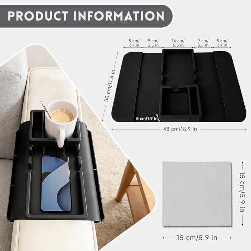 2Pcs Black Couch Cup Holder Tray, Couch Arm Cup Holder, Large Anti-Slip Couch Cups Holder with Side Pocket, Silicone Sofa Armrest Organizer for Snacks/Remote/Phone/Fruit, Gift for Women - color: Black