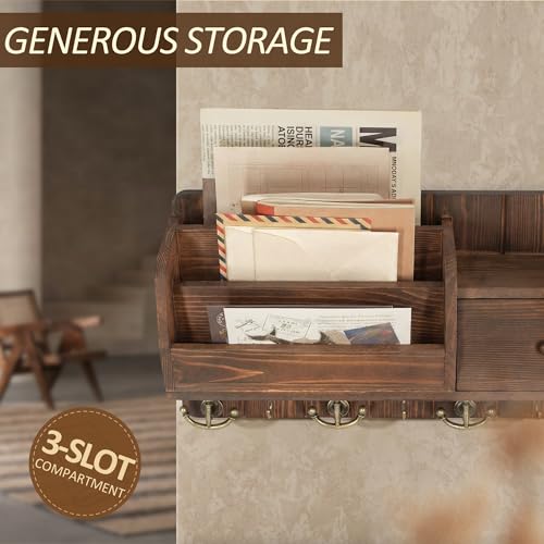 Rebee Vision Pine Wood Key Holder Wall Mount with Mail Sorter for Home Decor- Rustic Key and Mail Holder for Wall with Hooks and Drawer Organizer - Ideal for Apartment Essentials (Retro Brown) - color: Vintage Brown