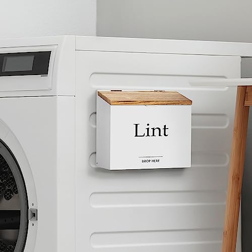 Magnetic Lint Bin for Laundry Room - Compact Size, Wooden Dryer Lint Bin with Lid - Rustic Lint Box, Magnetic Bin - Modern Farmhouse Laundry Room Decor, White with Torched Lid - color: White with Torched Lid