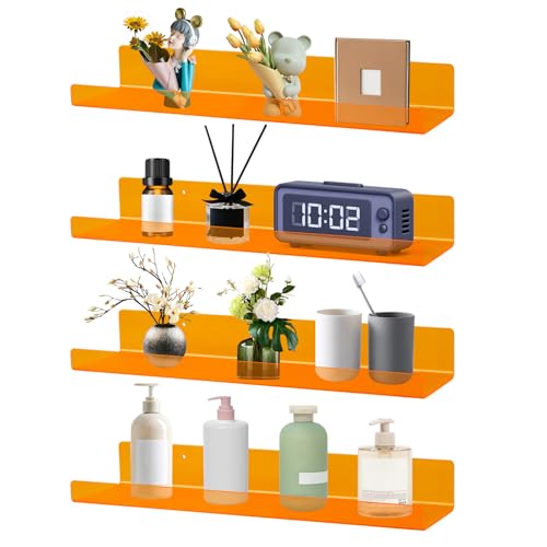 Dezzer 4 Pack Acrylic Shelves for Wall, 15" Acrylic Floating Shelves for Bathroom Bedroom, Invisible Bookshelf Wall Ledge Storage Shelf Books Perfume Toys Action Figure Display Shelves, Clear Orange - style: 15 inch 4-pack Orange