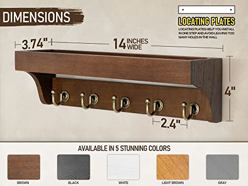 Rebee Vision Farmhouse Key Holder for Wall - Decorative Wooden Mail Organizer with 5 Rustic Key Hooks and Floating Shelf for Home Decor, Hallway, Entryway, Appartment (Retro Brown) - color: Brown