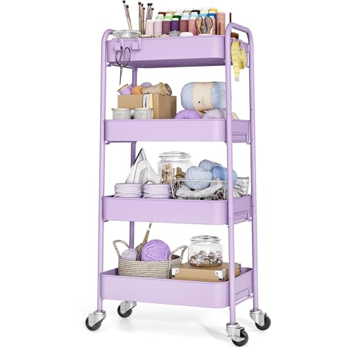 TOOLF 4-Tier Rolling Cart - Metal Storage Organizer with Lockable Wheels, 44 lbs Per Shelf Capacity, Tool-Free Assembly, for Kitchen Bathroom Office Laundry Room Nursery, Purple - color: Purple, size: 4-Tier