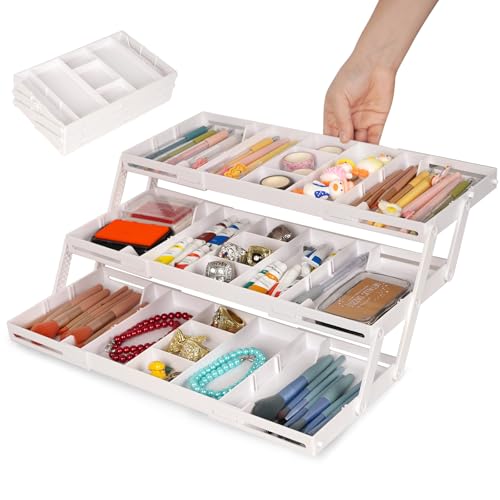3 Tier Drawer Organizer - Expandable Junk Drawer Organizer Smart Office Supply Organizer, Folding Drawer Storage Multi-level Desk Organizer for Makeup,Jewelry,Kitchen Storage (1 Row 3 Tier, White) - color: White, size: 1 Row 3 Tier