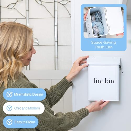Magnetic Laundry Lint Bin for Dryer | Wall-Mounted Small Trash Can for Laundry Room | Includes Magnetic Hook & Lint Brush | Space-Saving Magnetic Laundry Trash Can | Matte White - color: Matte White