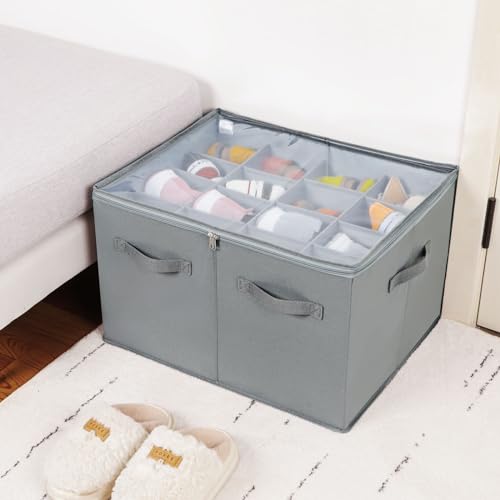 TOPIA HOME Shoe Organizer for Closet, Foldable Shoe Box with Adjustable Dividers and Clear Cover, Space Saving Shoe Storage Organizer Cabinet with Reinforced Handles, Fits 16 Pairs, Gray, TP09G - color: Gray, size: Large(20.87''L x 16.54''W x 13.5''H)