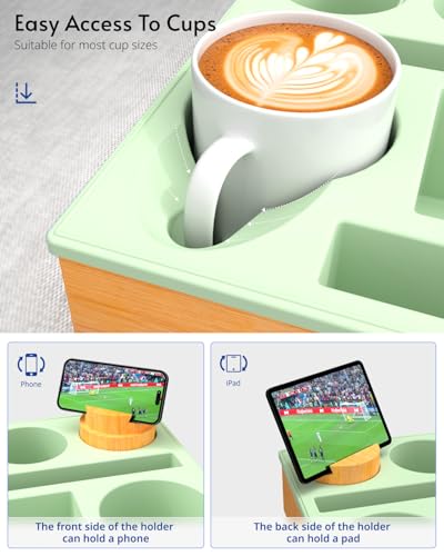 Couch Cup Holder Tray - Couch Organizer Caddy, Silicone Beach Caddy with Cup Holder, Sofa and Bed Drink Holder and Couch Tray Table for Snacks Beverage Remote (Green) - color: Green