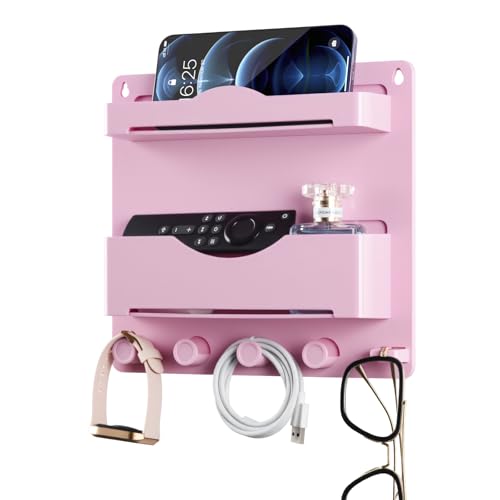 Pink Bedside Shelf Organizer - Wall Mount Phone Holder with Glasses Hook & 50 Motivational Stickers for Girls Bedroom Dorm Decor - color: Pink