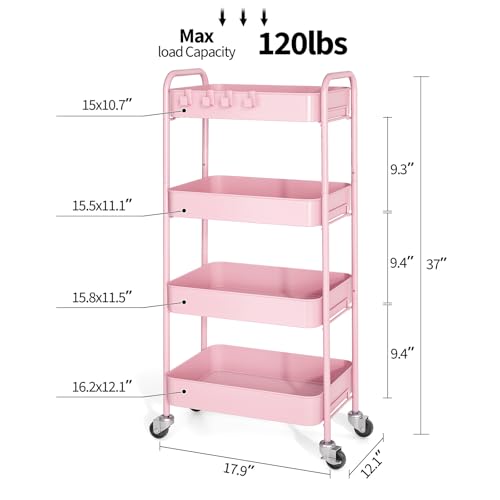 TOOLF 4-Tier Rolling Cart - Metal Storage Organizer with Lockable Wheels, 44 lbs Per Shelf Capacity, Tool-Free Assembly, for Kitchen Bathroom Office Laundry Room Nursery, Pink - color: Pink, size: 4-Tier