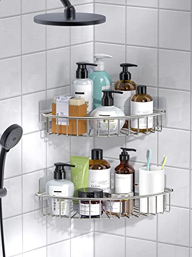 SMARTAKE 2-Pack Corner Shower Caddy, SUS304 Stainless Steel, Wall Mounted Bathroom Shelf with Adhesive, Storage Organizer for Toilet, Dorm and Kitchen (Silver) - color: 01-silver, size: 8.7 X 8.7 X 2.0 Inches