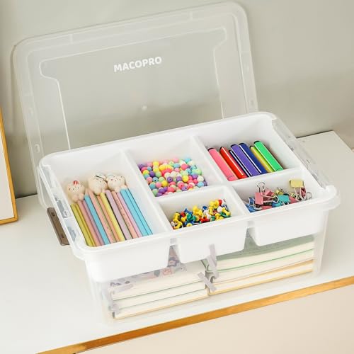 MACOPRO 17 QT Plastic Storage Box with Removable Tray, Bins with Lids, 2 Packs Clear Storage Container for Craft Supplies, Beads, Tools, Sewing, and Playdoh Organization(White, 2Pack-17QT) - size: 2Pack-17QT
