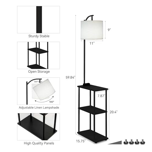 Qupui Floor Lamp with Table, Narrow Side Table with USB-A/USB-C Charging Station and AC Port, 3 Color Temperatures 12W LED Bulb, End Table for Bedroom, Living Room and Home Office, Black - color: Black
