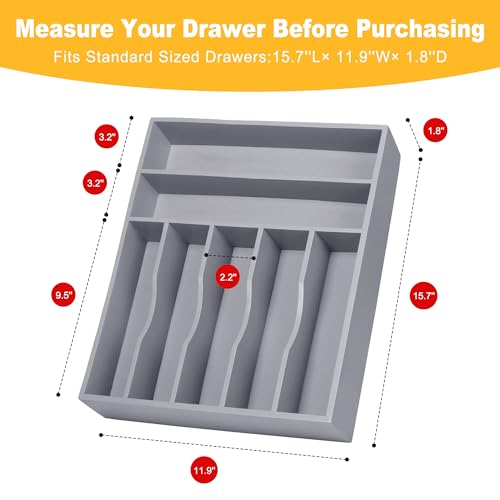 Kitchen Bamboo Silverware Organizer, Kitchen Drawer Organizer - Utensil Holder and Cutlery Tray with Grooved Drawer Dividers for Flatware 7 Slot, Grey - color: Grey, size: 7 Slots
