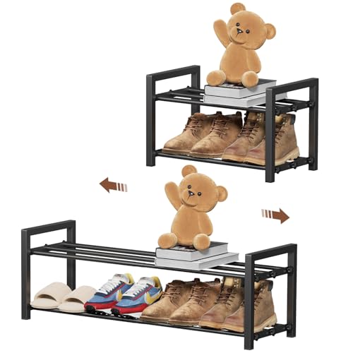 2-Tier Expandable Shoe Rack,Adjustable Shoe Shelf Storage Organizer Heavy Duty Metal Free Standing Shoe Rack for Entryway Closet Doorway (Black) - size: 2 Tier