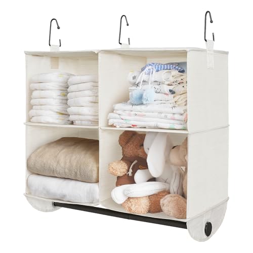 StorageWorks Hanging Closet Organizer with Metal Rod, 4-Section Closet Organizers and Storage, Collapsible Hanging Shelves for Baby Clothes, Shoes, Sweater Storage, Ivory and White - color: White & Ivory, size: 12¼"D x 24½"W x 28"H