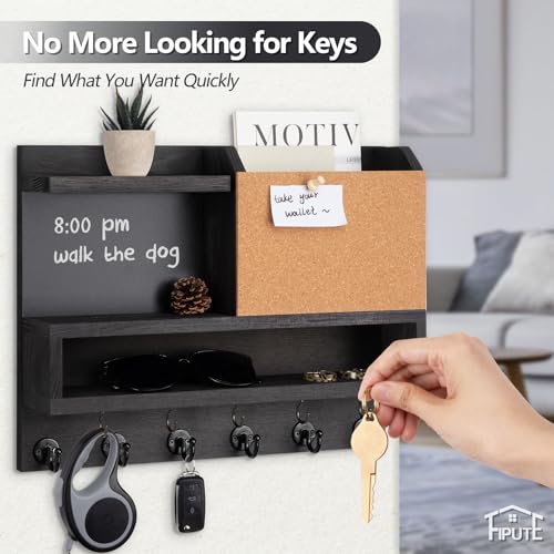 Key Holder for Wall Mount with Mail Organizer, Farmhouse Key Holder for Wall with Shelf, Chalkboard&Corkboard, Entryway Organizer 11 Metal Hooks, Decorative Natural Pine Wood, 14.6*11.1*3.3”, B-Black - color: Black-b