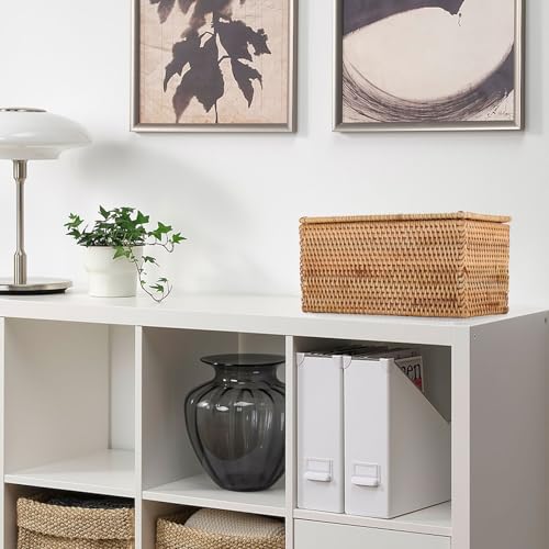 Hipiwe Rattan Basket Box Wicker Storage Bins with Lid Handwoven Wicker Basket Box Lidded Decorative Baskets Rectangular Baskets Bin for Shelf Organizing Home Decor, 11.8"Lx6.2"Wx6.1"H - size: 11.8"L x 6.2"W x 6.1"H, without Handle