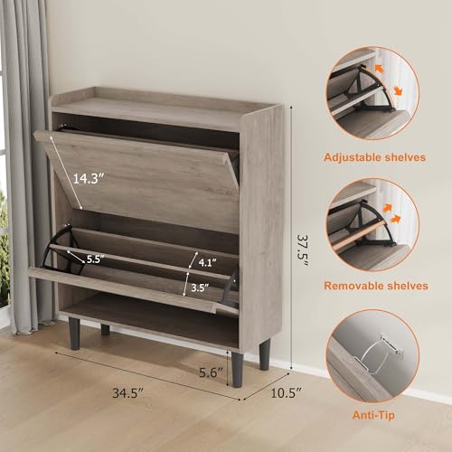 GarveeHome Shoe Cabinet with 2 Flip Drawers, Wooden Shoe Organizer Cabinet with Adjustable Shelf, Shoe Storage for Entryway, Hidden Shoe Cabinet for Hallway, Living Room, Grey - color: Grey, size: 2-Drawers