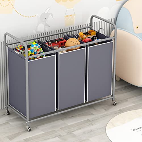 LINZINAR 3-Bag Laundry Sorter,Laundry Hamper Cart with Heavy Duty Rolling Lockable Wheels and Removable Bags (Grey) - size: 3 Bags Grey