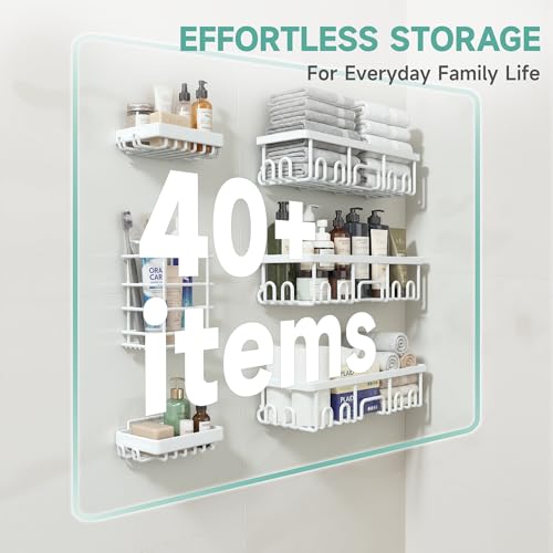 Veken 6-Pack Rustproof&Waterproof Shower Caddy, Adhesive Shelves Rack with Soap Holder, Large Bathroom & Washroom Organizer, No Drilling Wall-Mounted Kitchen&Home Decor,Ideal for Bathtub Storage,White - color: D. White