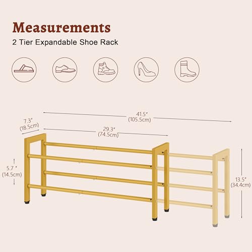 FAVOOSTY 2-Tier Expandable Shoe Rack, Adjustable Shoe Shelf Storage Organizer Space Saving Metal Free Standing Shoe Rack for Entryway Closet Doorway, Gold - color: Gold, size: 2 Tier