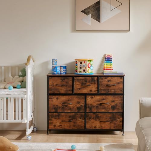 OLIXIS 7 Drawer Dresser for Bedroom, Wide Fabric Storage Tower with Wooden Top and Metal Frame, Closet Chest Organizer Furniture, TV Stand for Living Room Hallway, Rust Brown - color: Rust Brown, size: 11.8"D x 39.4"W x 30"H (7 Drawers)