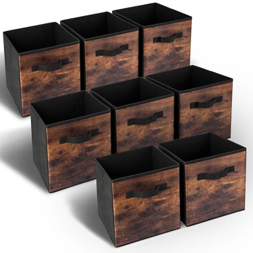 EWES 13 Inch Fabric Storage Cubes, 8 Pack Foldable Storage Bins with Handle, Storage Baskets Box for Shelves, Closet, Organizer, Rustic Brown and Black - color: 8 Pack Brown, size: 13 Inch