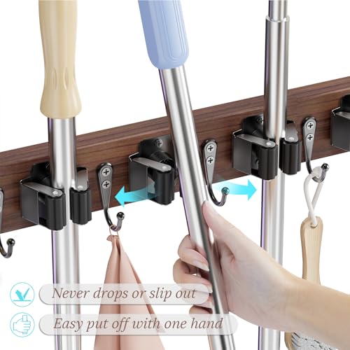 Broom Holder Wall Mount, Rustic Wood Broom Hanger with 5 Racks and 4 Hooks, Laundry Room Organization and Storage, Mop Holder for Home Decor, Garden, Garage, Kitchen, Closet (Black walnut Wood) - color: Black walnut Wood