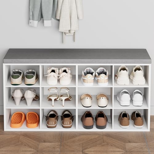 Aenuert 12-Cubby Shoe Rack with Cushion, 3-Tier Wood Shoe Organizer, Multifunctional Shoe Organizer Bench for Entryway, Mudroom, Hallway, Closet,36.22 * 11.81 * 17.7 Inch, White - color: White Cushion, size: 12-cube 3-tier